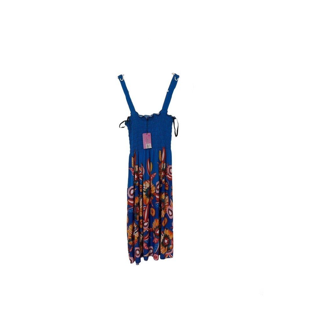 New With Tag Ace Fashions Blue Floral Tropical Smocked Sundress Women’s Small